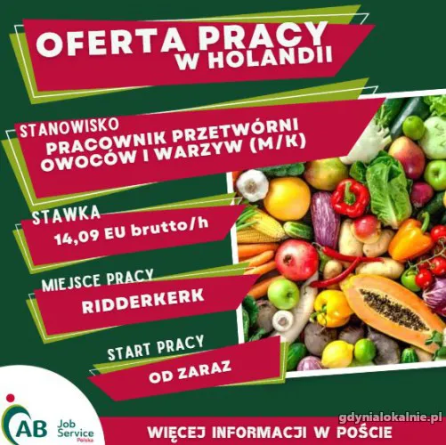 PRACOWNIK PRODUKCJI W PRZETWÓRNI WARZYW I OWOCÓW W HOLANDII (M/K)
